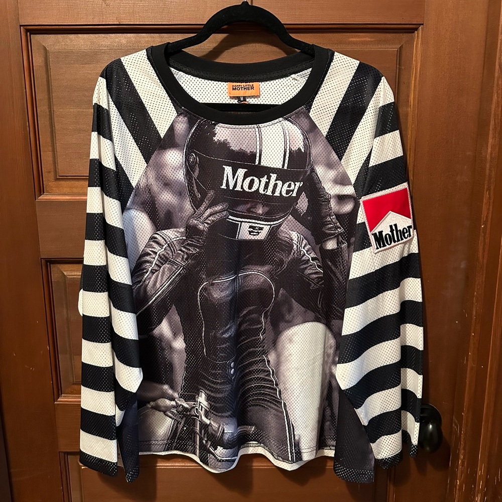 NWT Mother Racing Striped Mesh Long-Sleeve Graphic Top Size M